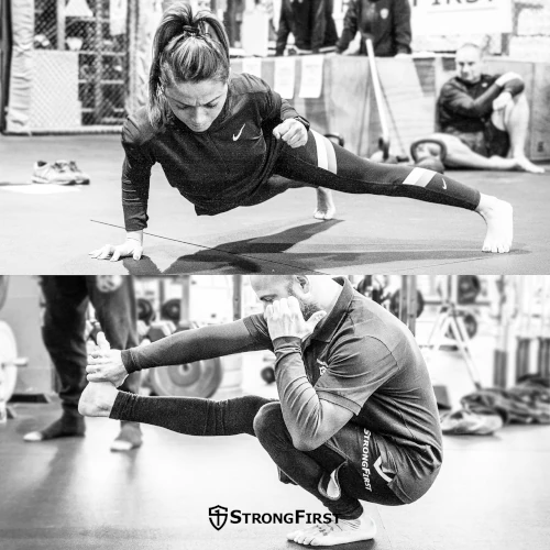 A woman does a one-arm push-up while a man does a pistol (one-leg) squat.